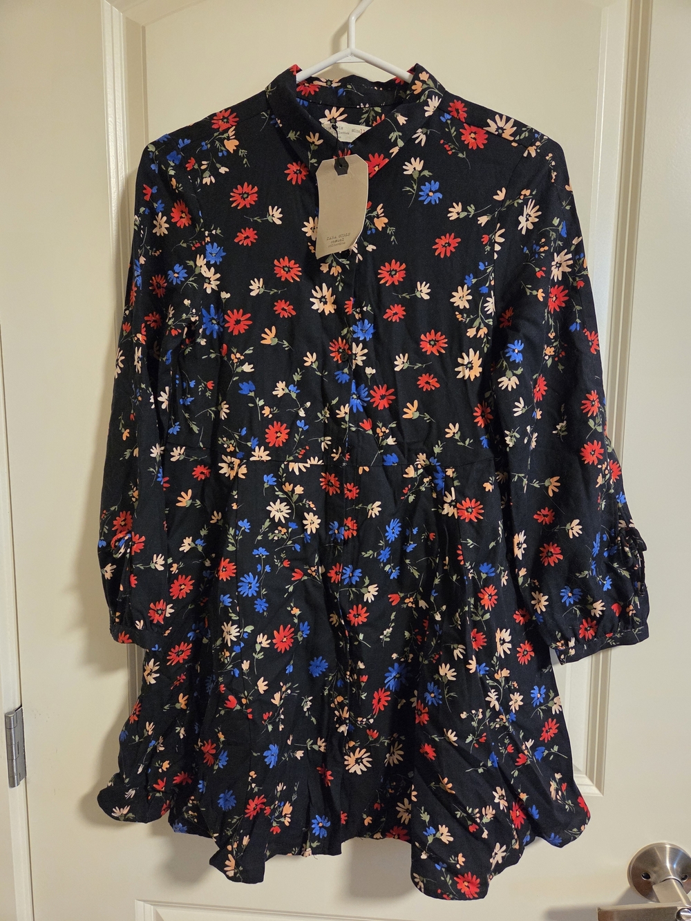Zara Black Dress with Red, Blue & Cream Floral Print